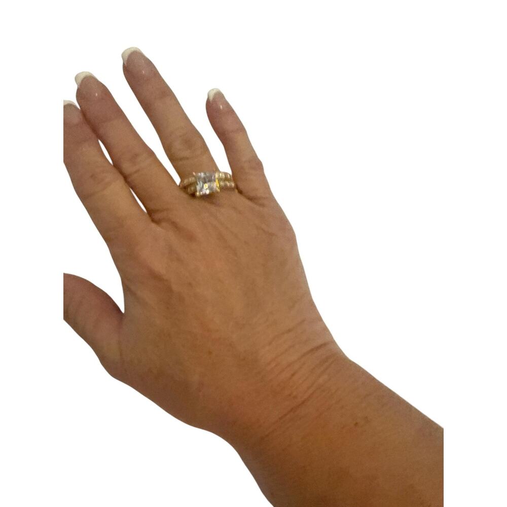 NEW Gold Tone Bridal Wedding Engagement Ring Set Womens Clear Stone Emerald Cut